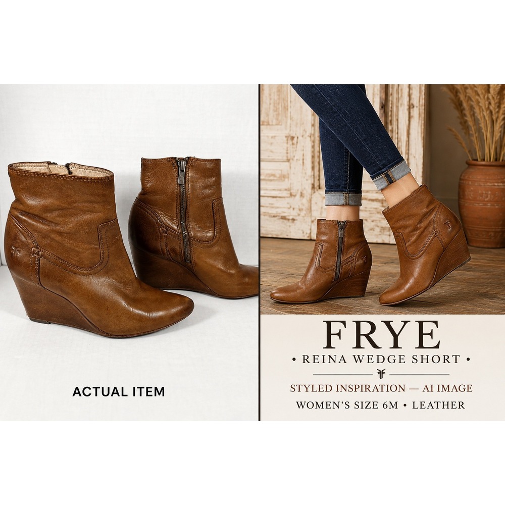 FRYE Reina Wedge Short Brown Leather Ankle Boots Booties Women's Size 6M Boho